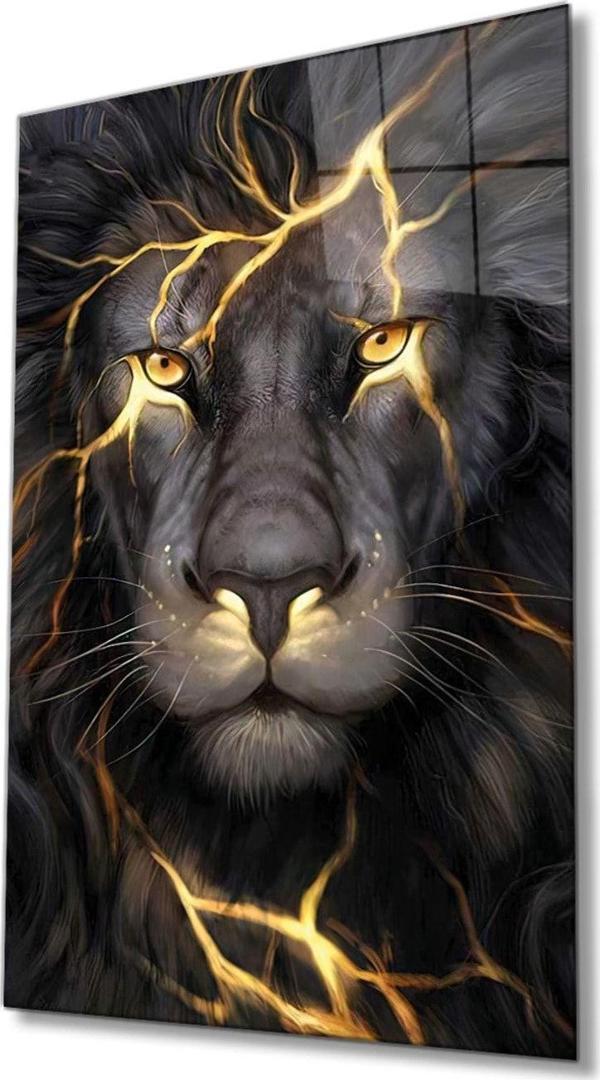 İdealizbiz Sarı Gözlü Aslan Hayvan Portresi Cam Tablo, Ev Ve Ofis Duvar Dekoru, Hediyelik Büyük Cam Tablo - Image 1