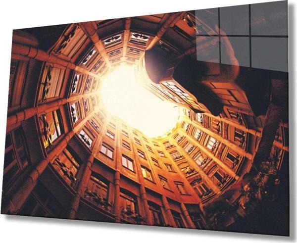 İdealizbiz Geometrik Turuncu Bina Cam Tablo, Ev Ve Ofis Duvar Dekoru Hediyelik Büyük Tablo Dayanıklı Cam - Image 1