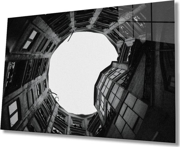 İdealizbiz Siyah Beyaz Aşağıdan Yukarı Doğru Geometrik Cam Tablo, Ev Ve Ofis Duvar Dekoru Hediyelik, Dayanıklı - Image 1