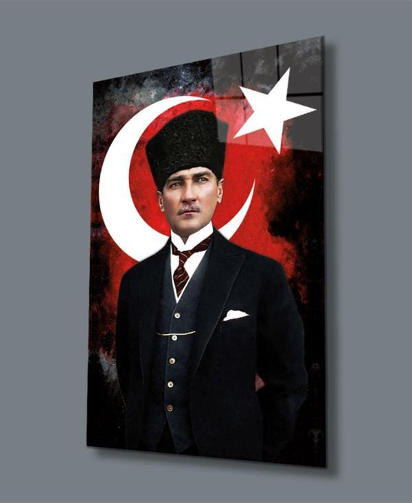 İdealizbiz Atatürk Ve Türk Bayrağı Uv Baskılı Cam Tablo, Ev Ve Ofis Duvar Dekoru Hediyelik - Image 1