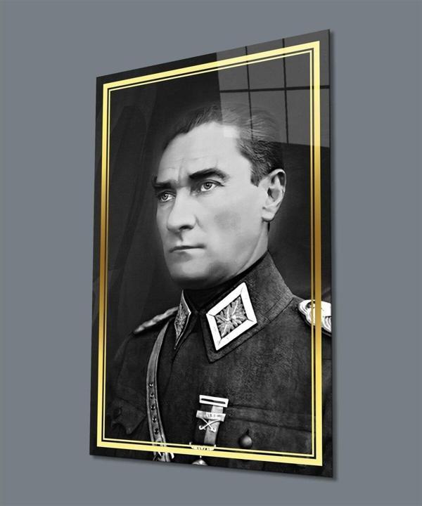 İdealizbiz Atatürk Portre Üniformalı Siyah Beyaz Cam Tablo Hediyelik Büyük Tablo Ev Ofis Dekoru - Image 1