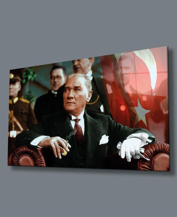 İdealizbiz Atatürk Portresi Uv Baskılı Cam Tablo, Ev Ve Ofis Duvar Dekoru Hediyelik - Image 1