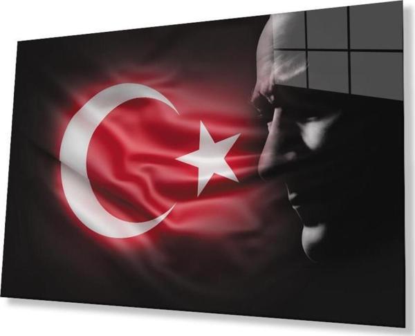 İdealizbiz Atatürk Bayrak  Atatürk Silüetli Gölgesiz Siyah Fonlu Cam Tablo  4Mm Dayanıklı Temperli Cam Atatürk - Image 1