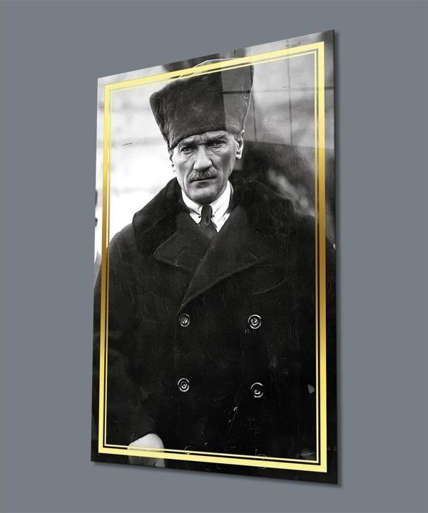 İdealizbiz Atatürk Siyah Beyaz Cam Tablo Hediyelik Büyük Tablo Ev Ofis Dekoru - Image 1