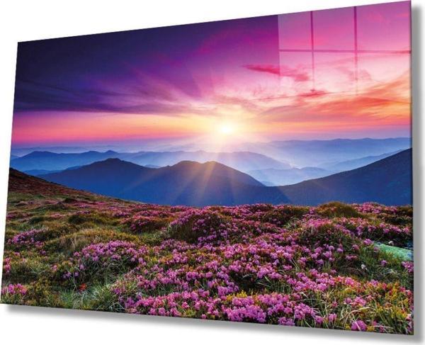 İdealizbiz Pembe Dağ Manzarası Cam Tablo, Ev Ve Ofis Duvar Dekoru, Hediyelik Büyük Temperli 4 Mm Cam Tablo - Image 1