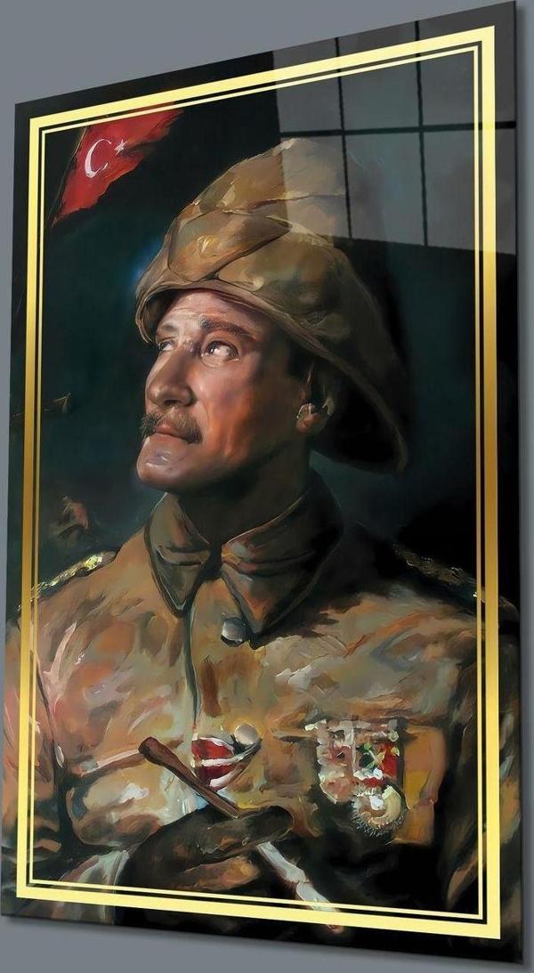 İdealizbiz Gold Şerit Yapay Zeka Üniformalı Atatürk Cam Tablo, Uv Baskılı Ve Temperli, Hediyelik - Image 1
