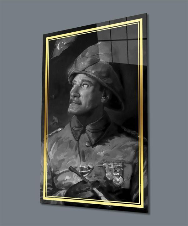 İdealizbiz Gold Şerit Siyah Beyaz Yapay Zeka Üniformalı Atatürk Cam Tablo, Uv Baskılı Ve Temperli, Hediyelik - Image 1