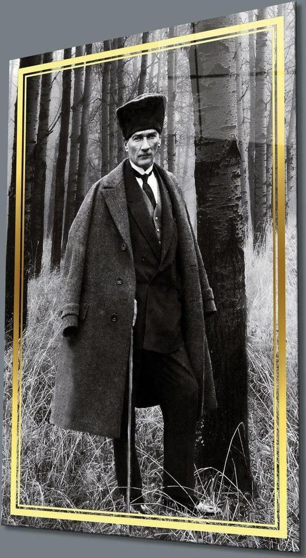 İdealizbiz Gold Şerit Siyah Beyaz Atatürk Cam Tablo, Uv Baskılı Ve Temperli, Hediyelik - Image 1