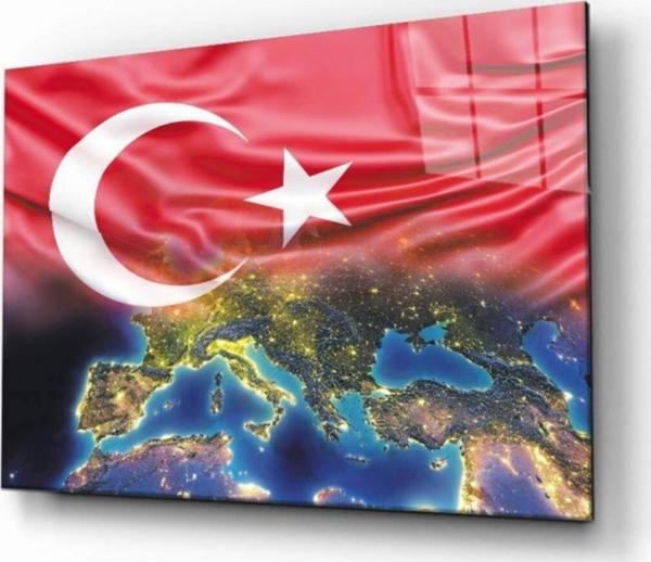 İdealizbiz Türk Bayrağı Ve Dünya Cam Tablo 4Mm Dayanıklı Temperli - Image 1