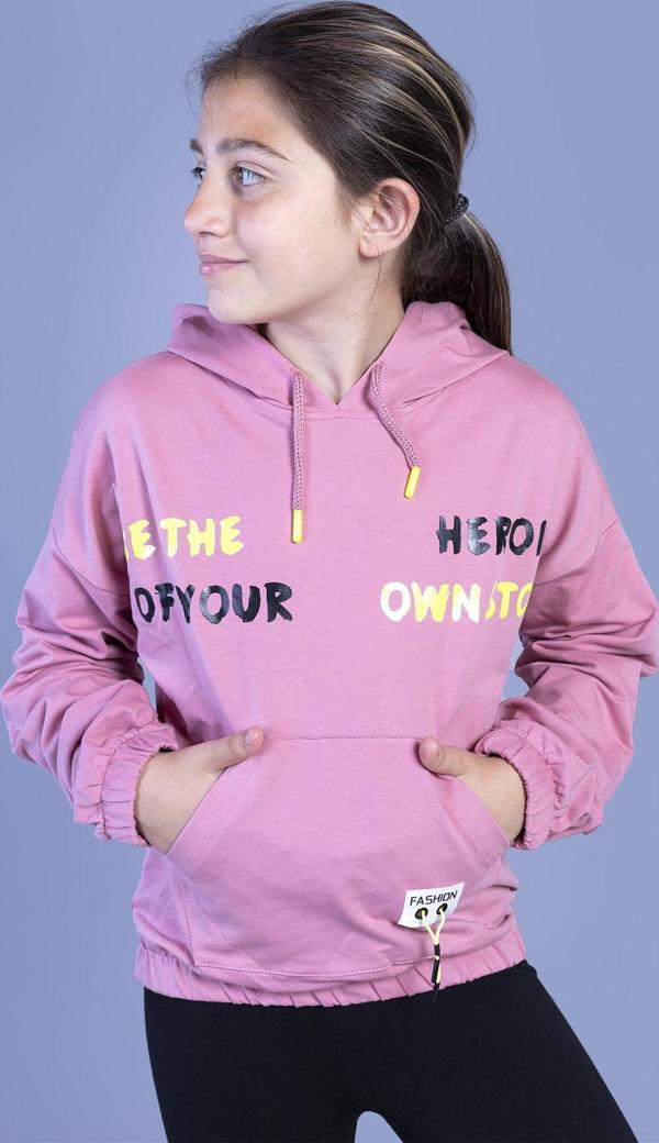 Toontoy Kız Çocuk Kapüşolu Kanguru Cepli Baskılı Sweatshirt - Image 1