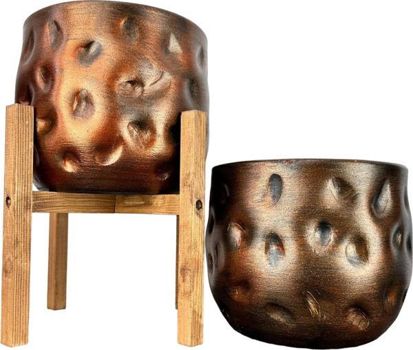 Bitki Tasarımı Ev Dekorasyon Aksesuar Bakır Desenli Toprak Saksı Saksılık Salon Çiçeklik İkili Set Ayaksız-4 Ayaklı 19 C - Image 1