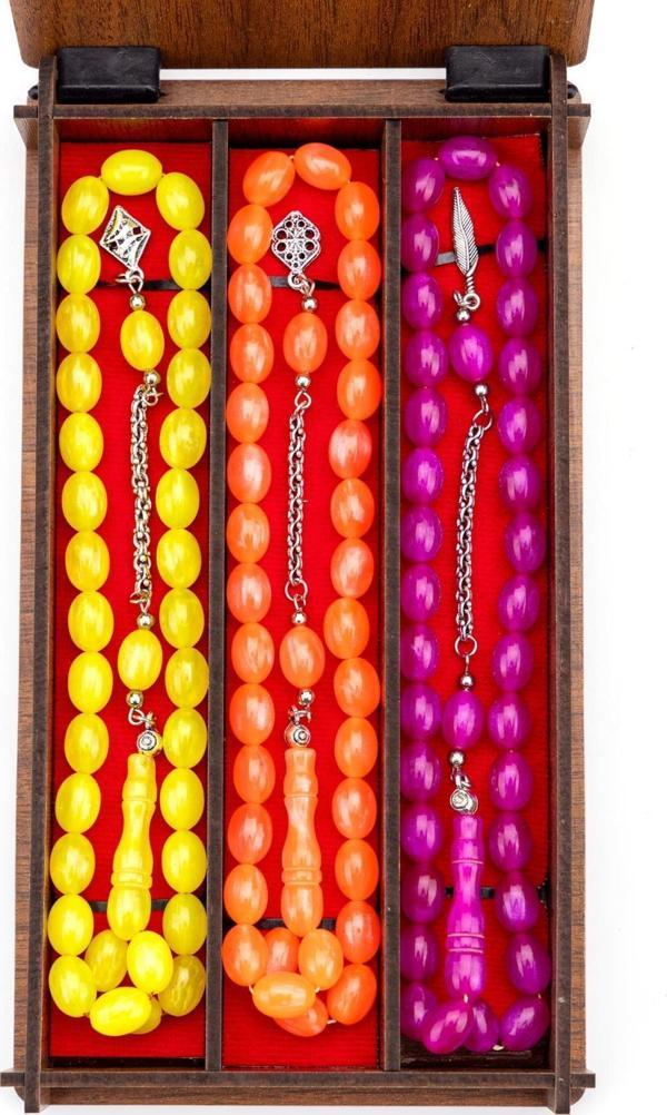 Ahşap Kutuda 3'lü Neon Renk Toz Kehribar Tesbih Seti - Image 1