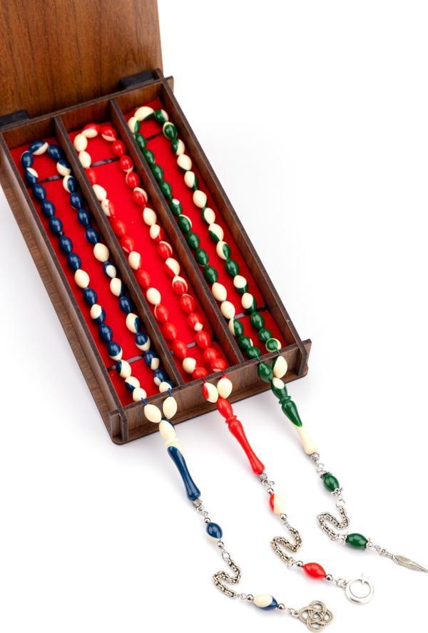 Ahşap Kutuda 3'lü Toz Kehribar Bilardo Tesbih Seti - Image 1