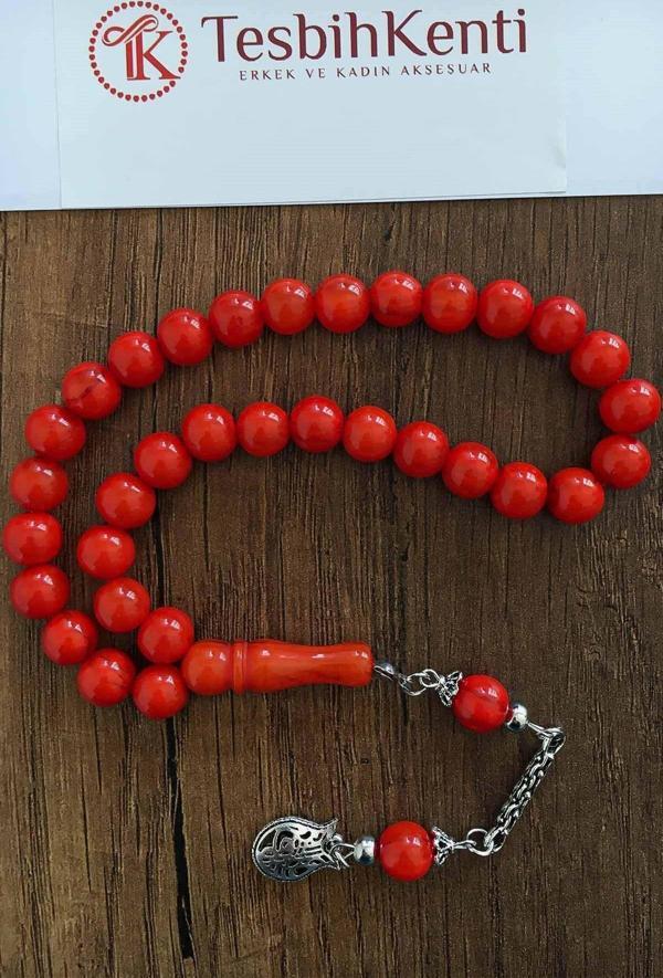 Küre Tane Orta Boy Bordo Renk Toz Kehribar Tesbih - Image 1