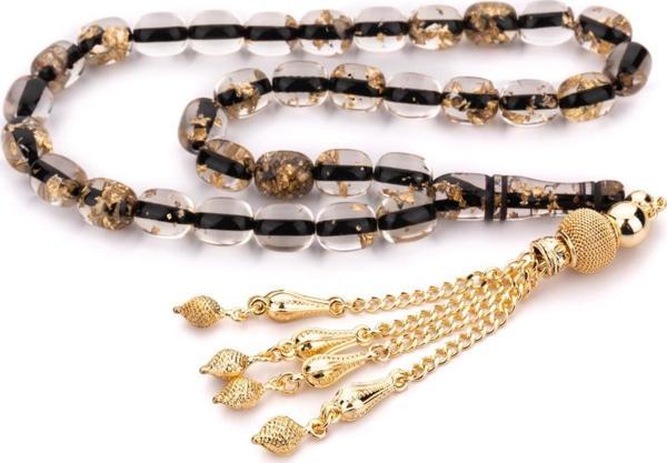 Özel Dizayn Püsküllü Siyah Altın Varaklı Toz Kehribar Tesbih - Image 1