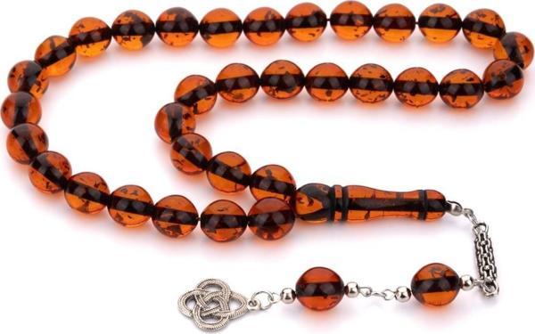 İri Taneli Kızıl Renk Çay Fosilli Toz Kehribar Tesbih - Image 1