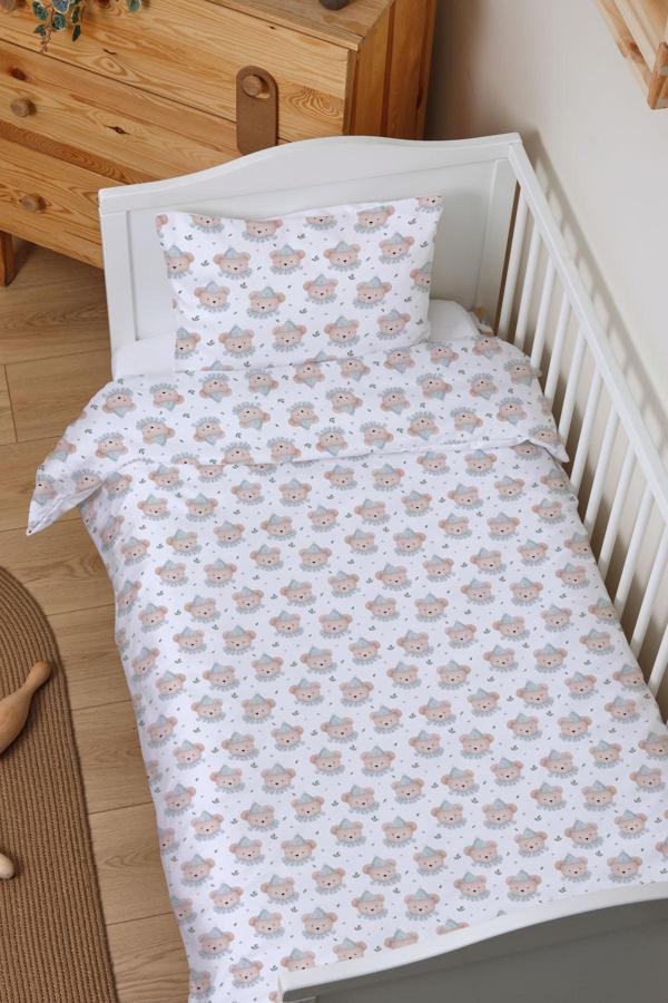 Organik Bebek Boy Nevresim Takımı (100x150) - Mavi Şapkalı Ayıcık - Image 1