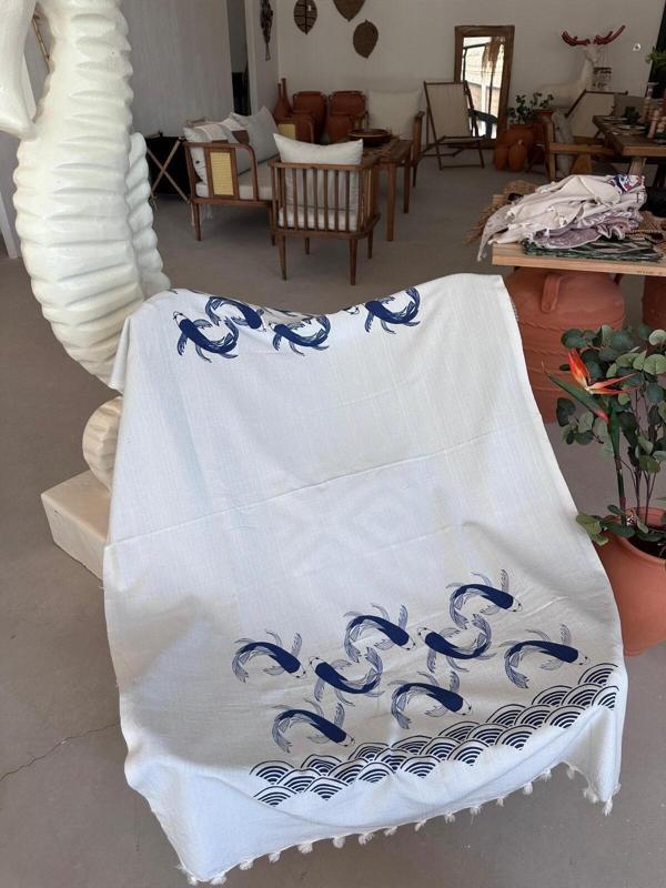 Sooboho Balık Desen Jakarlı Örme %100 Pamuk Peştemal - Image 1