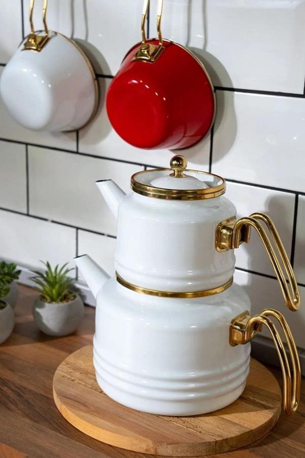 MissBetty Linea Troy Emaye Çaydanlık Takımı Beyaz - Image 1