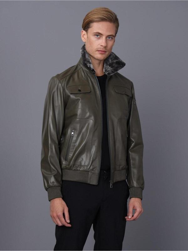 Basics&More Erkek Haki Deri Ceket Haki 3XL - Image 1