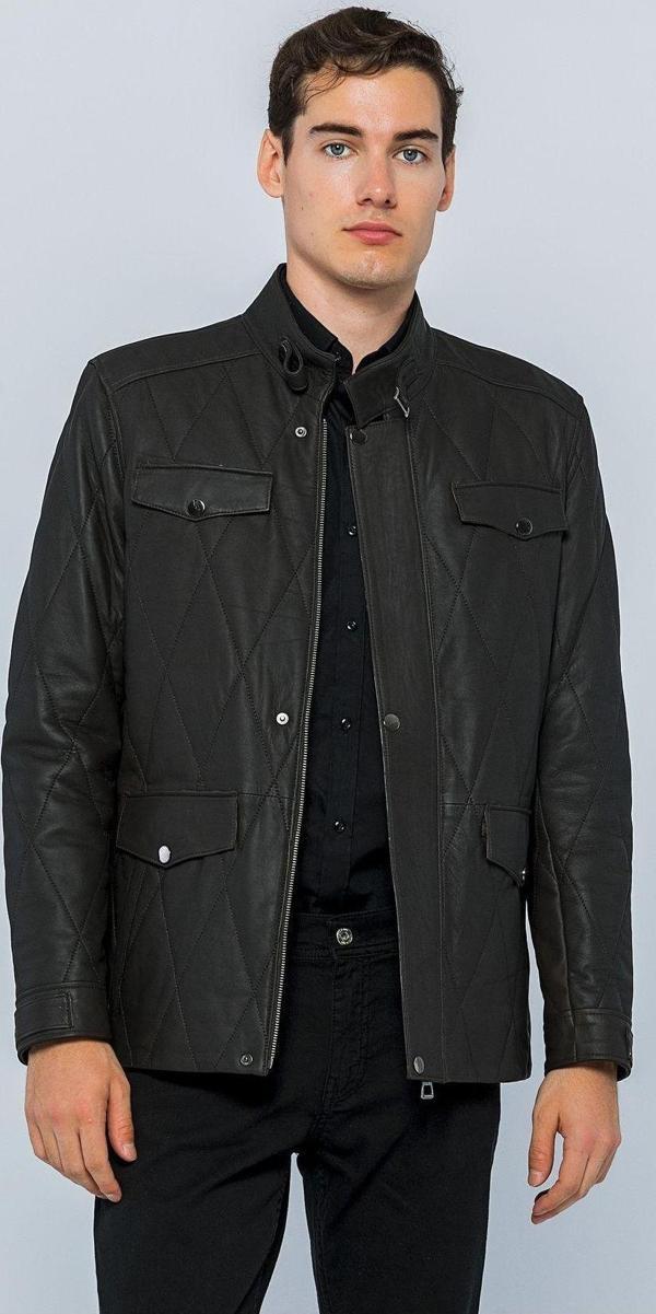 Basics&More Erkek Cepli Kapitoneli Deri Ceket - Ronaldo Kahverengi - Tafta 3XL - Image 1