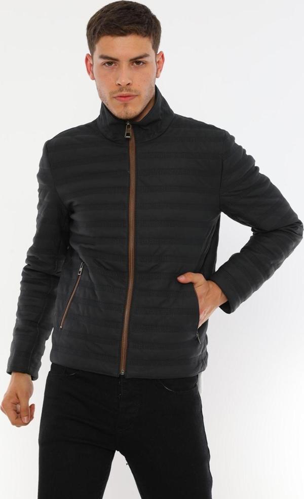 Basics&More Erkek Dik Yaka Hakiki Deri Ceket - Uz01 Lacivert - Tafta S - Image 1