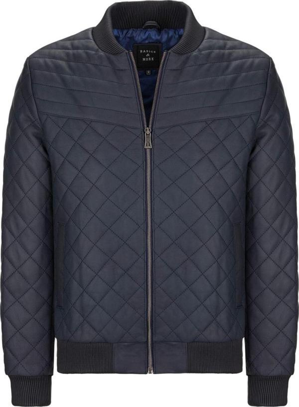 Basics&More Erkek Kapitoneli Lacivert Tafta Hakiki Deri Ceket Lacivert - Tafta XL - Image 1