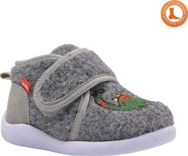 Dinosa Dinazor Figürü Nakışlı Erkek Çocuk Keçe Panduf Gri - Image 1