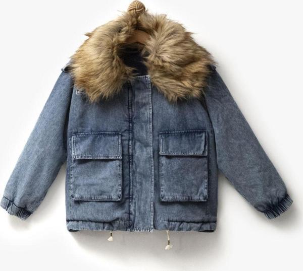 Overdo Kız Çocuk Kürk Yakalı Peluşlu Oversize Baskılı Kot Mont Ceket - Image 1