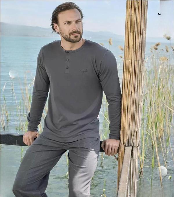 Aydoğan Erkek Modal Uzun Kollu  Pijama Takımı 3428 - 1 Adet Füme-M - Image 1