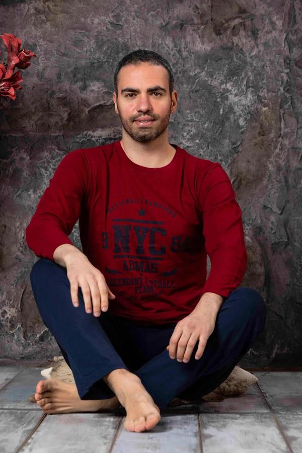 Sude Erkek Süprem Bisiklet Yaka İnce Uzun Kol Pijama Takımı P300/12 - 1 Adet Bordo-2XL - Image 1