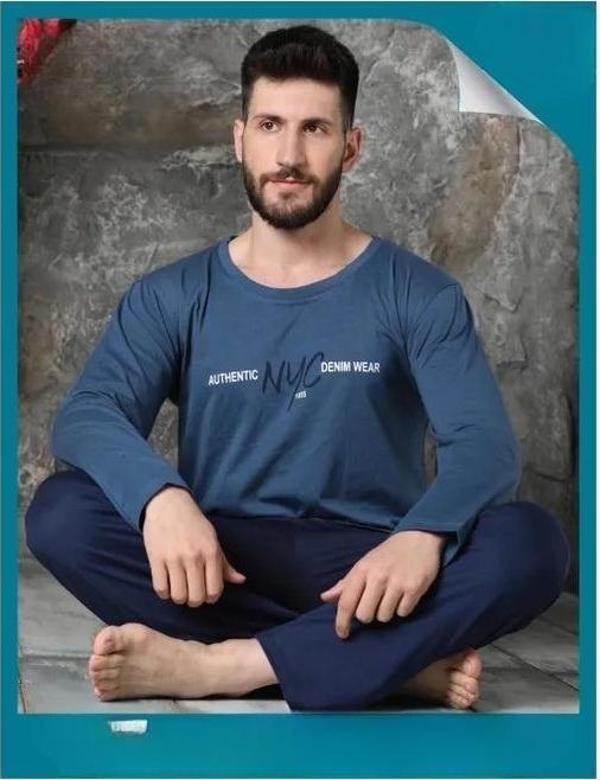 Sude Erkek Süprem Bisiklet Yaka İnce Uzun Kol Pijama Takımı A300/160 - 1 Adet Mavi-2XL - Image 1