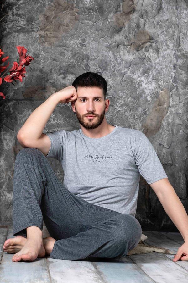 Sude Erkek Süprem Bisiklet Yaka İnce Kısa Kol Pijama Takımı K300/194 - 1 Adet Gri-M - Image 1