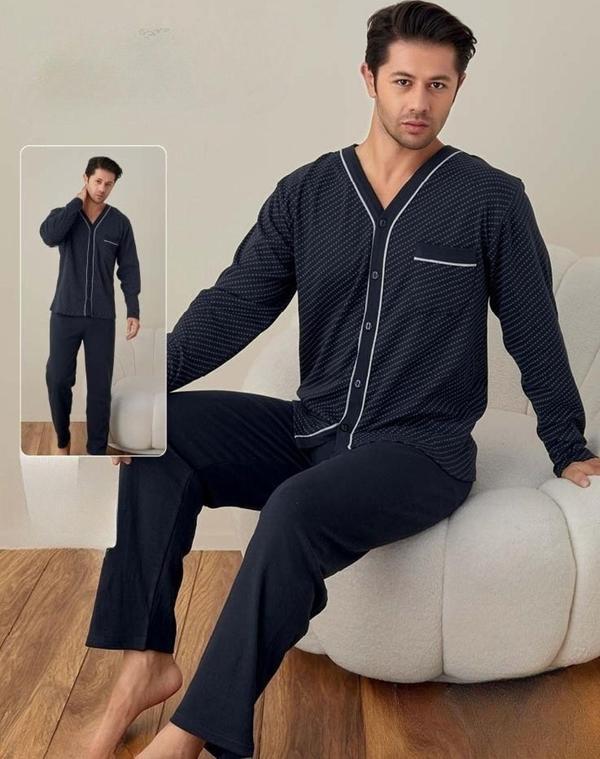Lindros Erkek Gömlek Yaka İnterlok Uzun Kol Pijama Takımı 00146 - 1 Adet Lacivert-M - Image 1