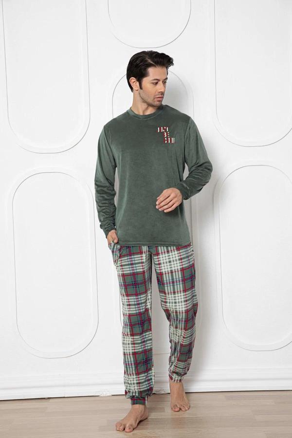 Aydoğan Erkek Kadife Kışlık Bisiklet Yaka Uzun Kol Pijama Takımı 13015 - 1 Adet Haki-XL - Image 1
