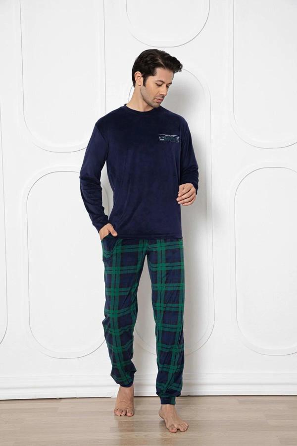 Aydoğan Erkek Kadife Kışlık Bisiklet Yaka Uzun Kol Pijama Takımı 13016 - 1 Adet Lacivert-XL - Image 1