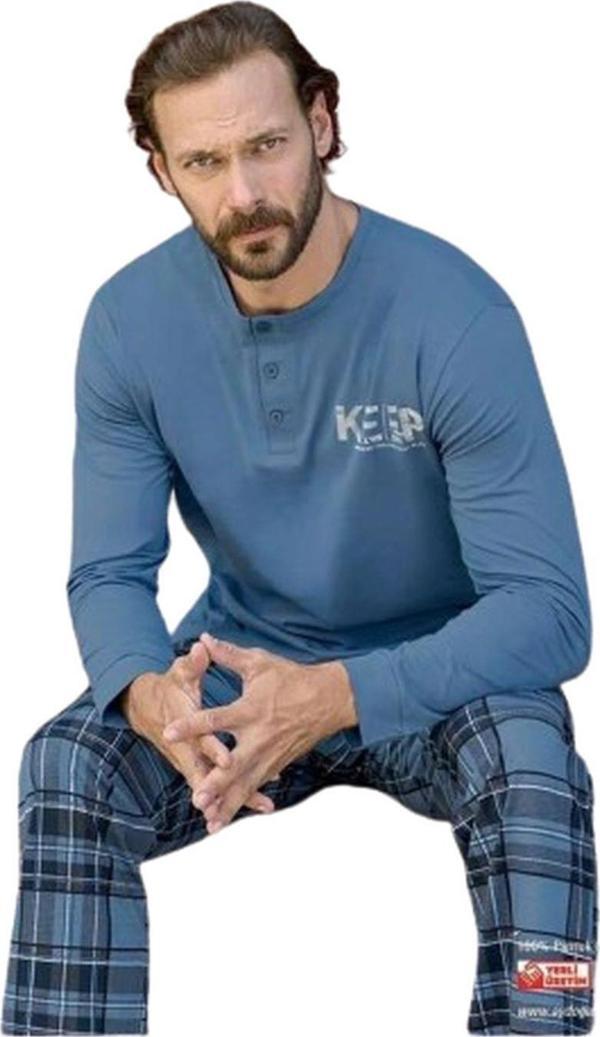 Aydoğan Erkek Süprem Uzun Kollu Pamuklu Pijama Takımı 3503 - 1 Adet Mavi-M - Image 1