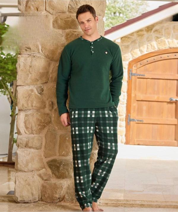 Pijamoni Erkek Düğme Yaka Kışlık Polar Pijama Takımı 6100/2 - 1 Adet Yeşil-XL - Image 1