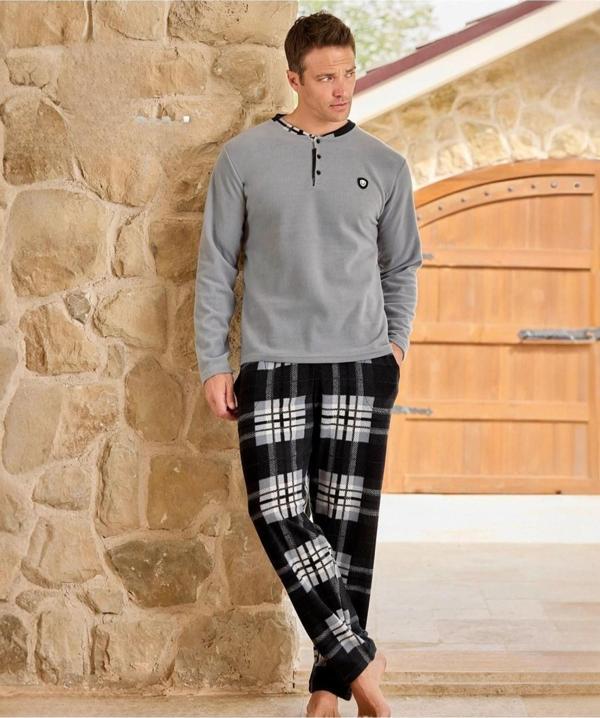 Pijamoni Erkek Düğme Yaka Kışlık Polar Pijama Takımı 6100/3 - 1 Adet Gri-2XL - Image 1