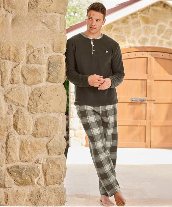 Pijamoni Erkek Düğme Yaka Kışlık Polar Pijama Takımı 6100/5 - 1 Adet Haki-2XL - Image 1