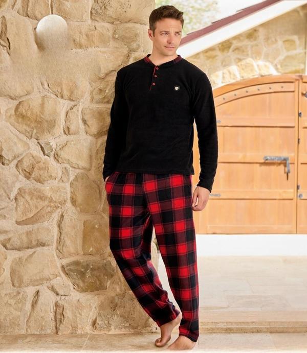 Pijamoni Erkek Düğme Yaka Kışlık Polar Pijama Takımı 6100/7 - 1 Adet Siyah-L - Image 1
