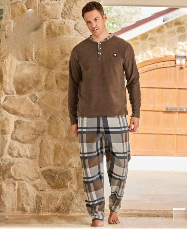 Pijamoni Erkek Düğme Yaka Kışlık Polar Pijama Takımı 6100/11 - 1 Adet Kahverengi-2XL - Image 1