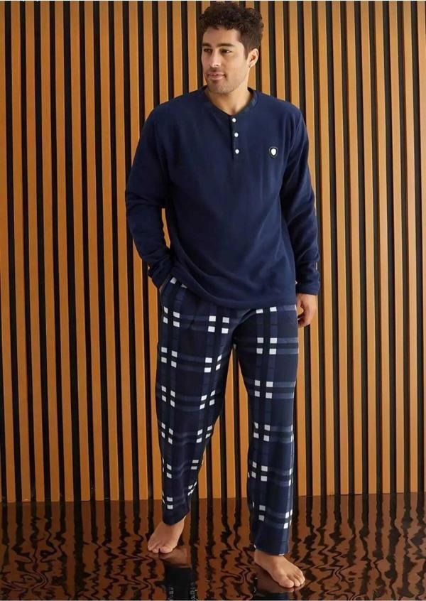 Pijamoni Erkek Düğme Yaka Kışlık Polar Pijama Takımı 6100/13 - 1 Adet Lacivert-2XL - Image 1