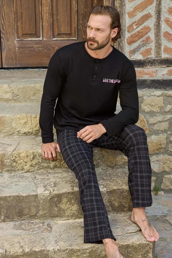Aydoğan Erkek Süprem Uzun Kollu Pamuklu Pijama Takımı 3497 - 1 Adet Siyah-S - Image 1
