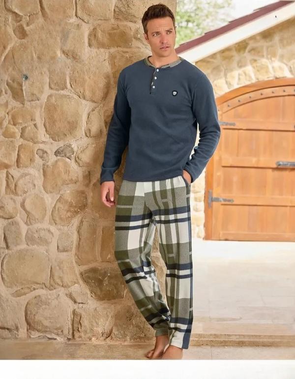 Pijamoni Erkek Düğme Yaka Kışlık Polar Pijama Takımı 6100/18 - 1 Adet İndigo-L - Image 1