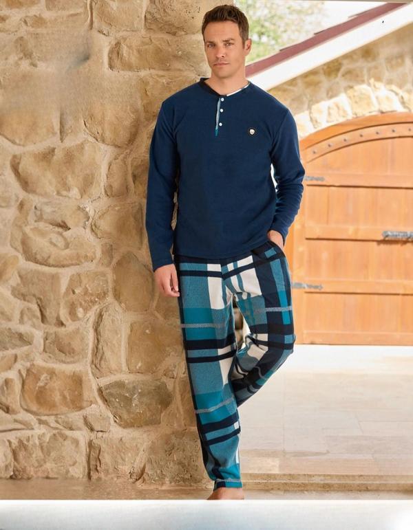 Pijamoni Erkek Düğme Yaka Kışlık Polar Pijama Takımı 6100/19 - 1 Adet Mavi-L - Image 1