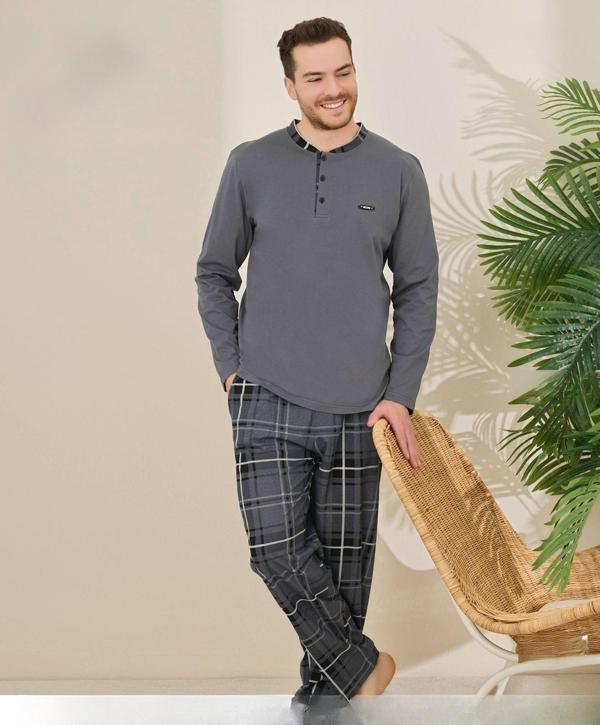 Pijamoni Erkek Pamuklu Düğme Yaka Uzun Kol İnce Pijama Takımı 100/3 - 1 Adet Füme-XL - Image 1
