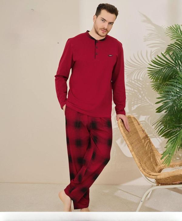 Pijamoni Erkek Pamuklu Düğme Yaka Uzun Kol İnce Pijama Takımı 100/7 - 1 Adet Bordo-2XL - Image 1