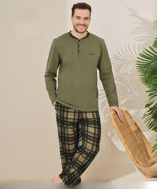 Pijamoni Erkek Pamuklu Düğme Yaka Uzun Kol İnce Pijama Takımı 100/11 - 1 Adet Haki-L - Image 1