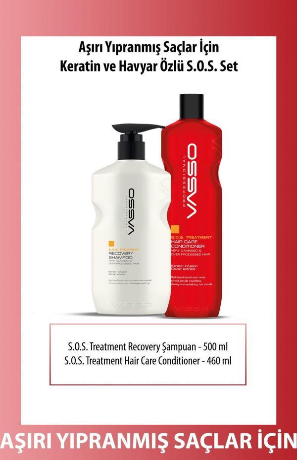 Vasso Aşırı Yıpranmış Saçlar Için Acil Kurtarma Seti Keratinli Havyarlı Şampuan Ve Saç Kremi 500Ml 460Ml - Image 1